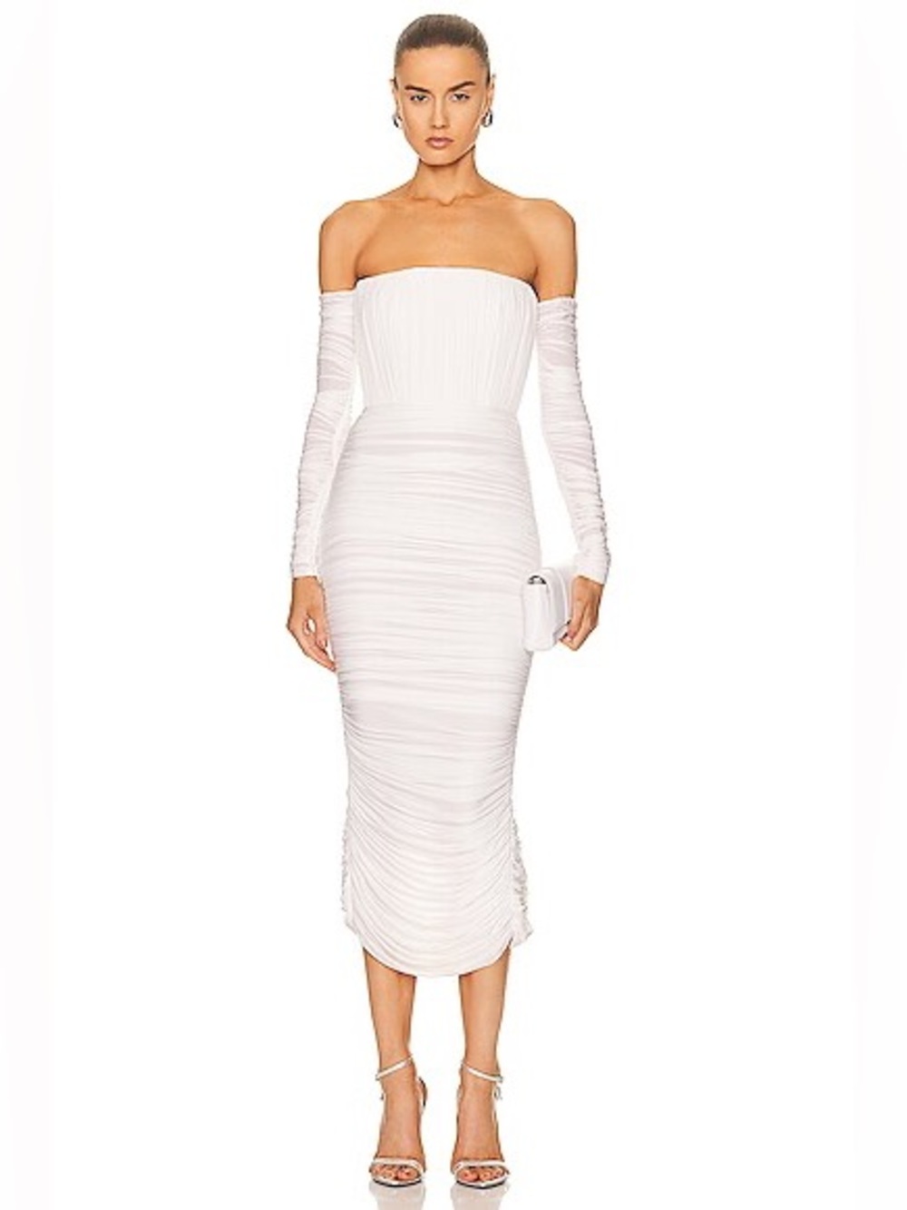 ALEX PERRY “Sterling” Off-Shoulder White Ruched Midi Dress NWT Sz. 2